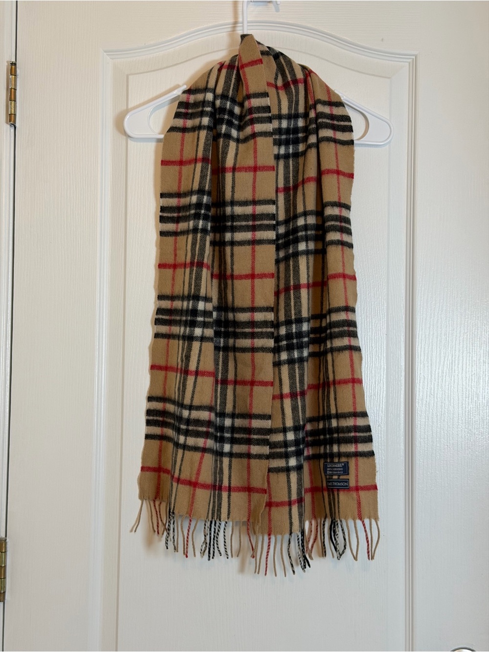 Vintage Lochmere Cashmere Wool Scarf Camel Tan Nova Check Plaid Fringe Unisex